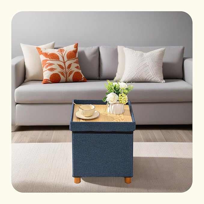 PINPLUS Storage Ottoman Cube, White Linen Footrest with Wooden Legs, Foldable Fabric Footrest, Comfortable Seat with Lid, Ottoman with Storage for Living Room, 15" x 15" x 15"，Blue