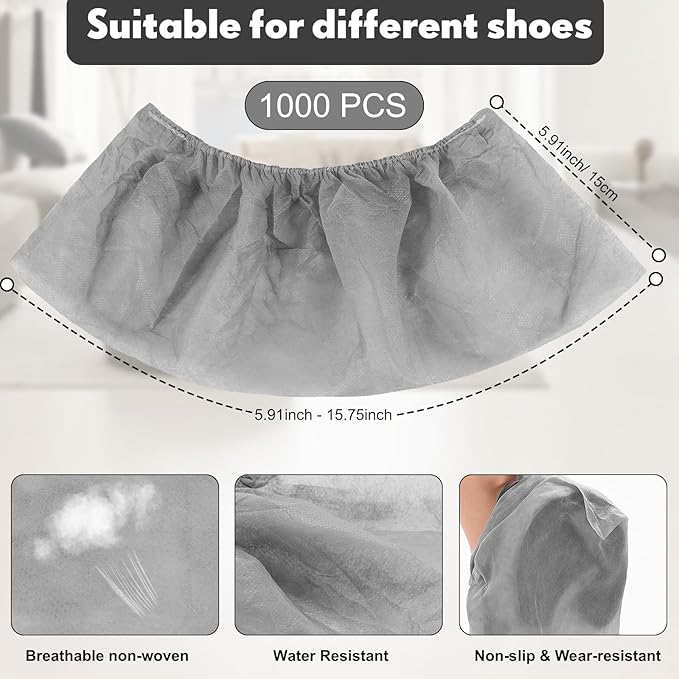 Vabean 1000 Pcs Disposable Shoe Covers Boot Cover Waterproof Nonslip Shoe Protector Covers for Indoor Carpet Floor Workplace Protection, One Size Fit Most (Grey)