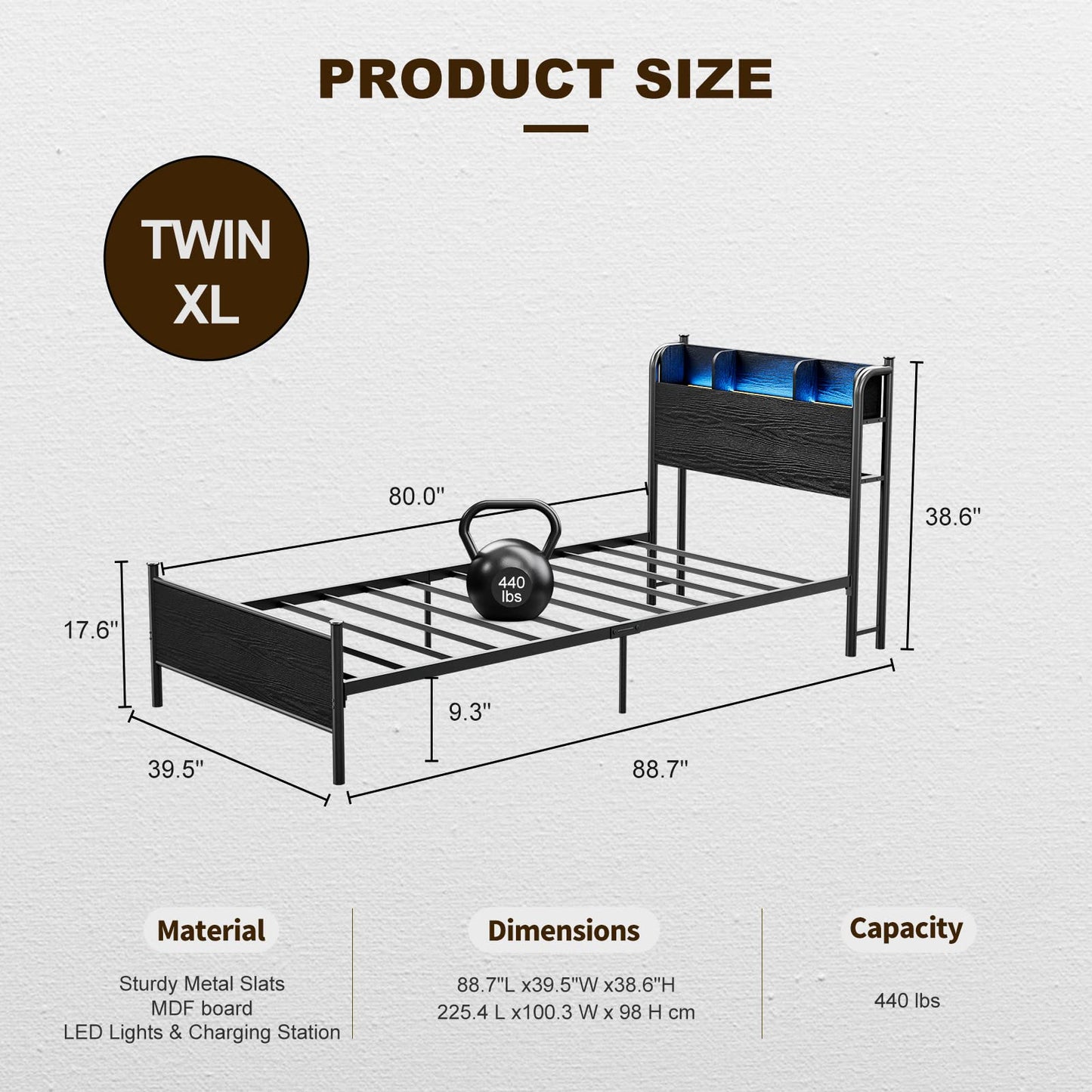 IKIFLY Twin XL Bed Frames with Storage Shelf Headboard & Charging Station, Heavy Duty Metal Twin XL Platform Bed with LED Lights, Under-Bed Storage, No Box Spring Needed, Noise Free, Black