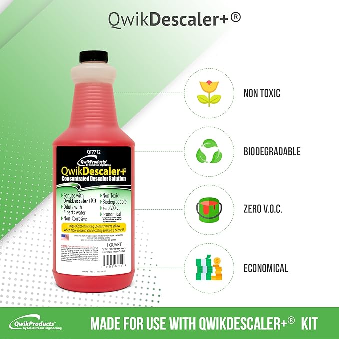 QwikDescaler + Concentrated Descaler Solution, Tankless Water Heater Descaling Solvent for Heat Exchanger, Quickly Dissolves Scale, Lime, Tarnish and Deposits, 1 Quart