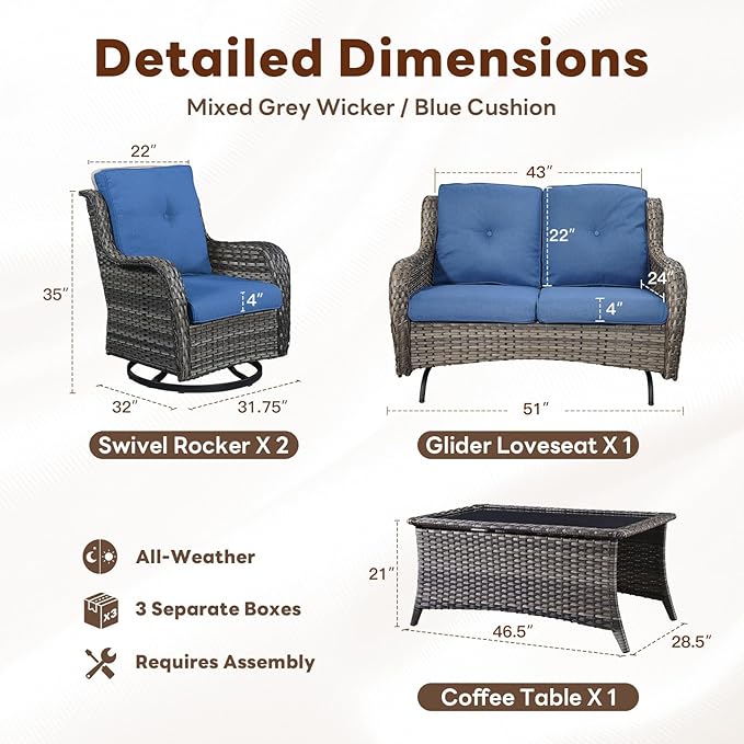 Belord 4 Piece Patio Furniture Set - Outdoor Glider Bench with Swivel Rocker Chairs and Coffee Table, High Back Small Outdoor Conversation Furniture Sets for Deck Sunroom Balcony Backyard