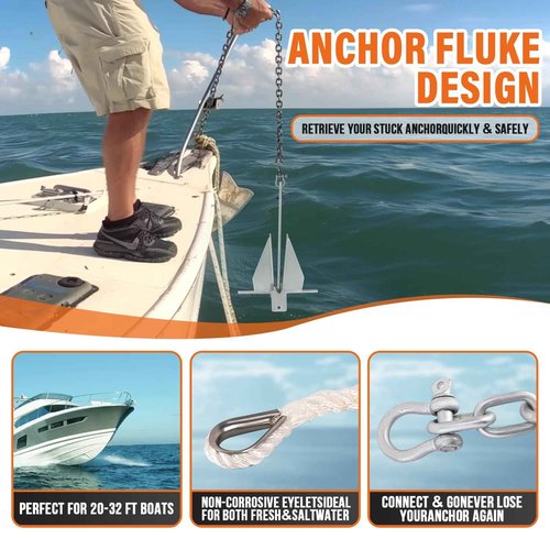 JOHAHTANG 13Lbs Heavy Duty Boat Anchor Kit, Fluke Style Anchor Kit with Anchor Chain and Boat Anchor Rope Set for Boats Pontoon, Deck, Sail, Fishing, Portable Hot Dipped Galvanized Fluke Style Anchor