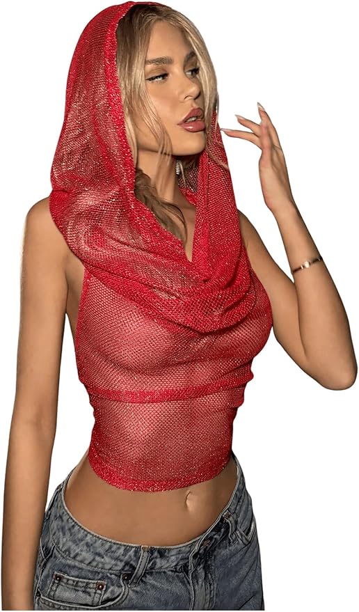 Floerns Rave Outfits for Women Sexy Backless Hoodie Draped Halter Tank Top Going Out Concert Festival Party Streetwear