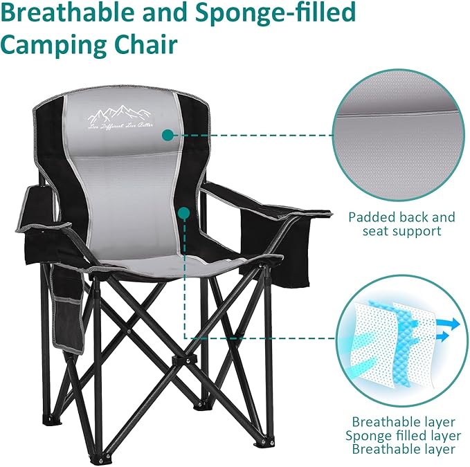 SAILARY Camping Chair Heavy Duty High Back Folding Chair with Cup Holder, 450lbs Capacity, Padded Seat, Cooler Bag & Storage Pocket, Portable for Outdoor, Beach, Fishing, Sports, 2 Pack Black