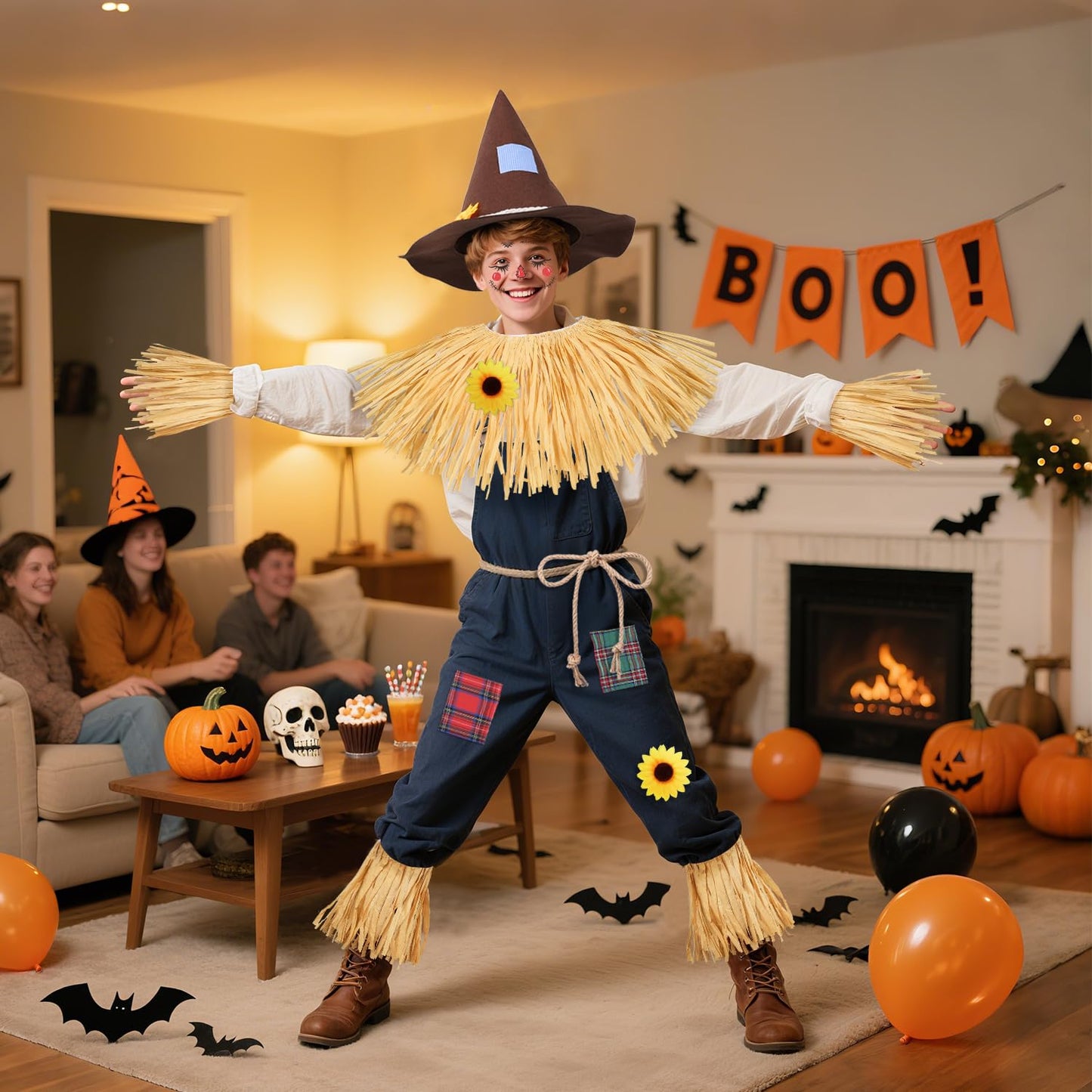 MOVINPE 12 Pieces Scarecrow Costume Kit for Adult Kids, Raffia Scarecrow Accessories Felt Hat Rope Face Decals Sunflower Patchwork for Halloween Harvest Cosplay Party Brown