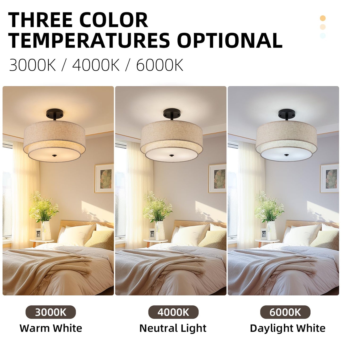 Aufrichting Drum Semi Flush Mount Ceiling Light, 16 inch 3 Lights Ceiling Light Fixture with 2-Layer Fabric Shade, Black Farmhouse Drum Ceiling Lighting for Bedroom Hallyway Dining Room Kitchen