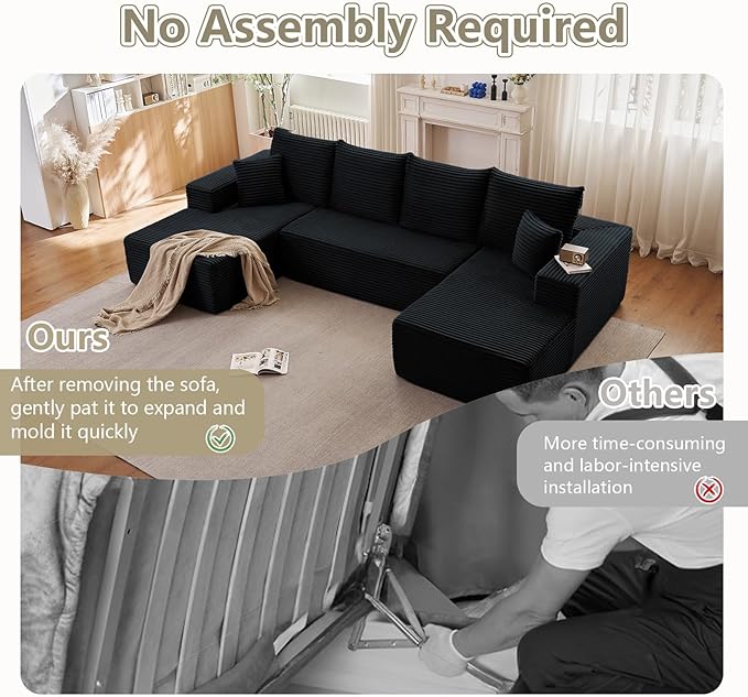 Sectional Cloud Couch for Living Room, Modular Floor Deep-Seat Sofa, Big Comfy Corduroy Couches Set with Fluffy Memory Foam, Stupendous U Shaped Sofas, No Assembly Required, Black