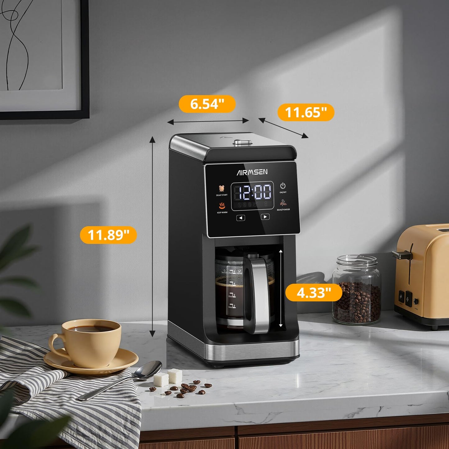 AIRMSEN Grind & Brew Coffee Maker with Built-in Grinder, Programmable Single Serve Coffee Maker - 5 Cup-800ML, 3 Grind Settings, Auto Keep Warm & Glass Carafe for Small Home and Office