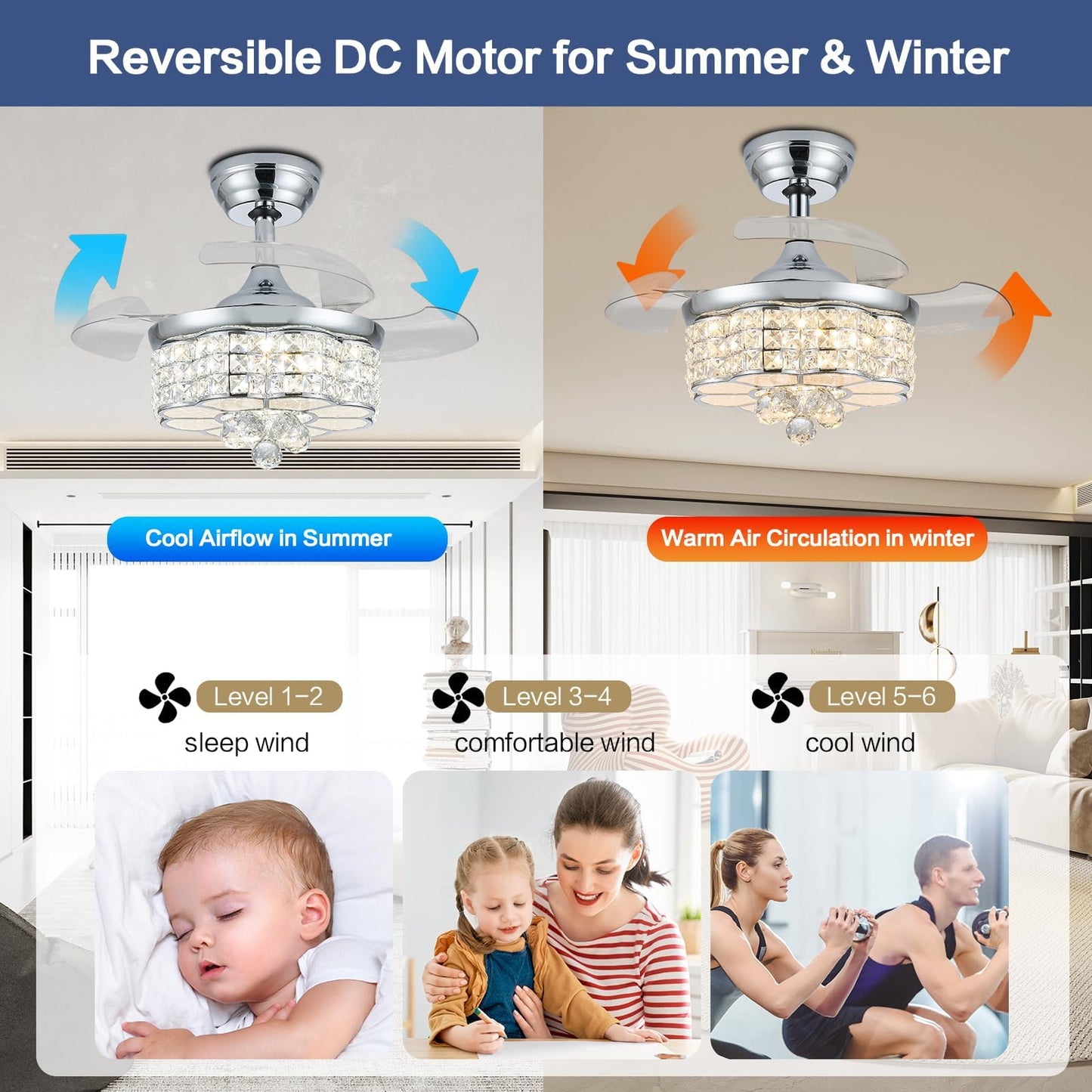 Zynfandor 30 Rgb Crystal Retractable Ceiling Fan With Light Dimmable Led Chandelier, Remote & App Control, 6-Speed Timer, Memory