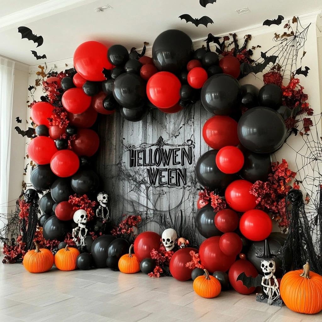 Black Red Balloon Garland Double Stuffed Burgundy Black Balloons Maroon Ruby Red Balloon Arch for Birthday Wedding Halloween Graduation Love Christmas Party Decorations