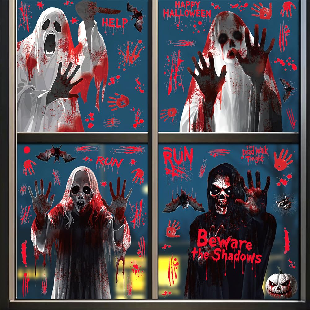 Halloween Window Clings Decorations - Scary Ghost & Death Stickers Scary Halloween Party Blood Stickers Decor for Home Classroom Windows Indoor/Outdoor Use - 8 Sheets