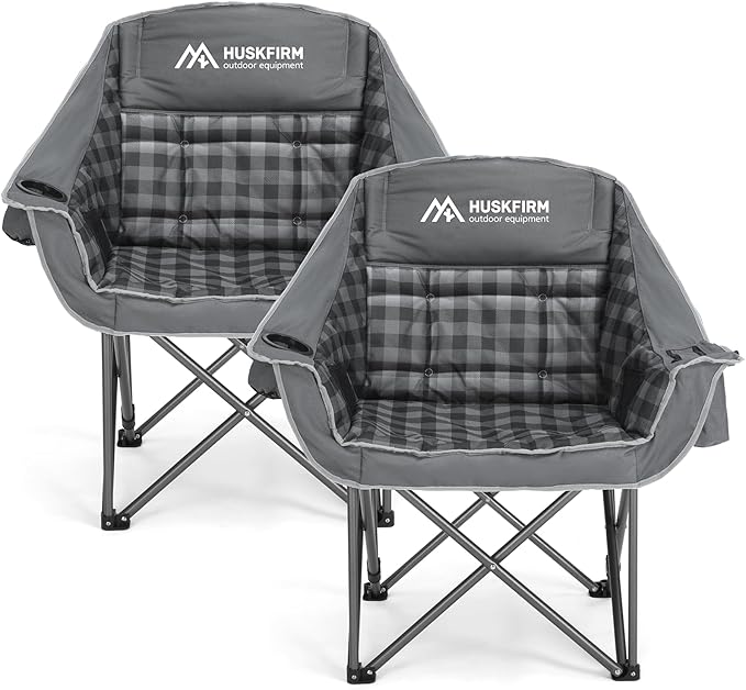 Huskfirm 2 Pack Camping Chairs Oversized Padded Camping Chair Heavy-Duty Foldable Camping Chairs with Cup Holder and Coole...
