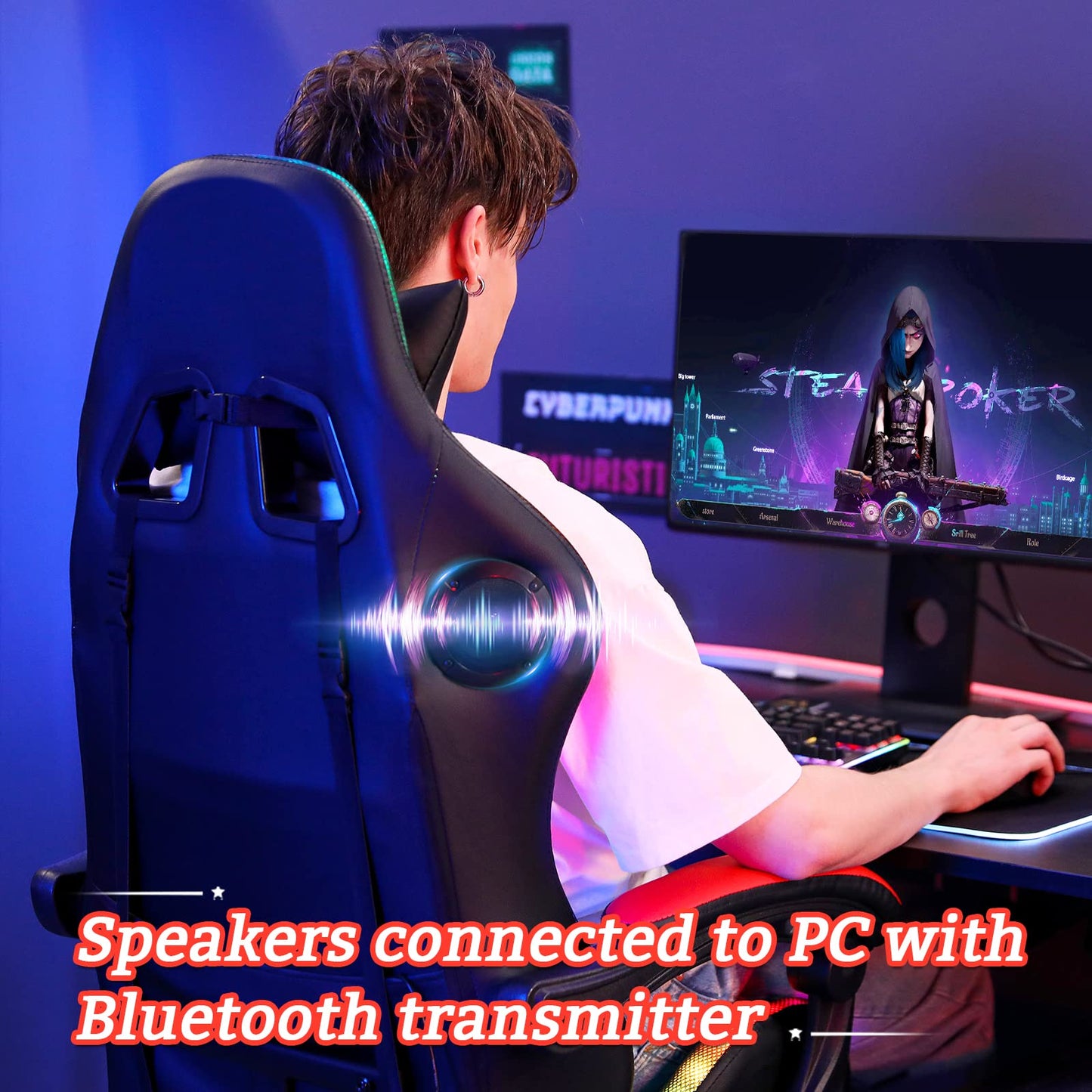 Gaming Chair with Speakers and LED Lights Ergonomic Computer Chair with Massage and Footrest Reclining Video Game Chair for Adults with Adjustable Lumbar Support Red and Black
