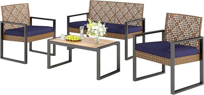 Sophia & William 4 Pieces Patio Conversation Set, Wicker Outdoor Furniture Set for 4, All Weather Outdoor Seating Set, Rattan Loveseat & Chairs with Cushions & Coffee Table，Brown and Navy Blue