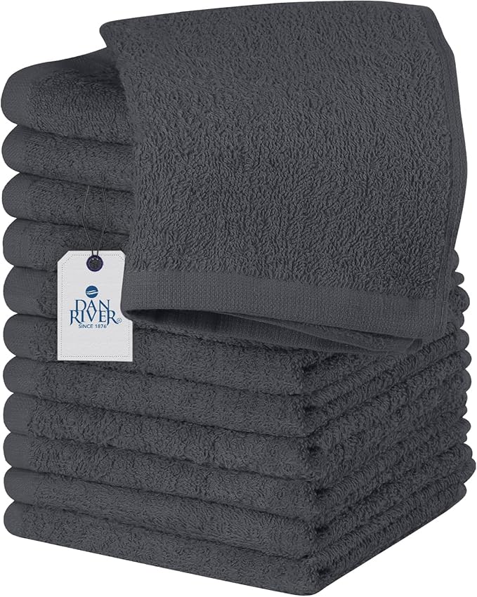 DAN RIVER 12 Pack Wash Cloths for Showering [12x12] - 100% Cotton Washcloths Premium Quality Flannel Face Cloths for Bathroom, Highly Absorbent and Soft Feel Wash Clothes, Charcoal