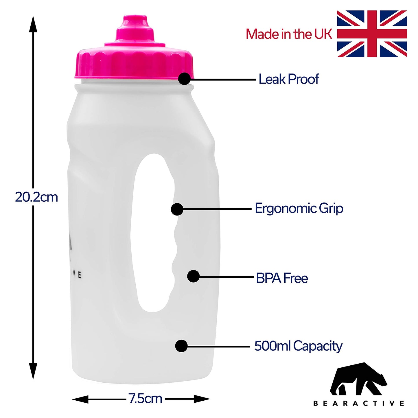 Bearactive 2 x Running Bottle Lightweight 500 ml Handheld Sports Water Bottles with Valve Sprout - BPA Free Plastic and Leak Proof - Runners Hand Grip Bottle for Jogging, Hiking, Gym - Black & Pink