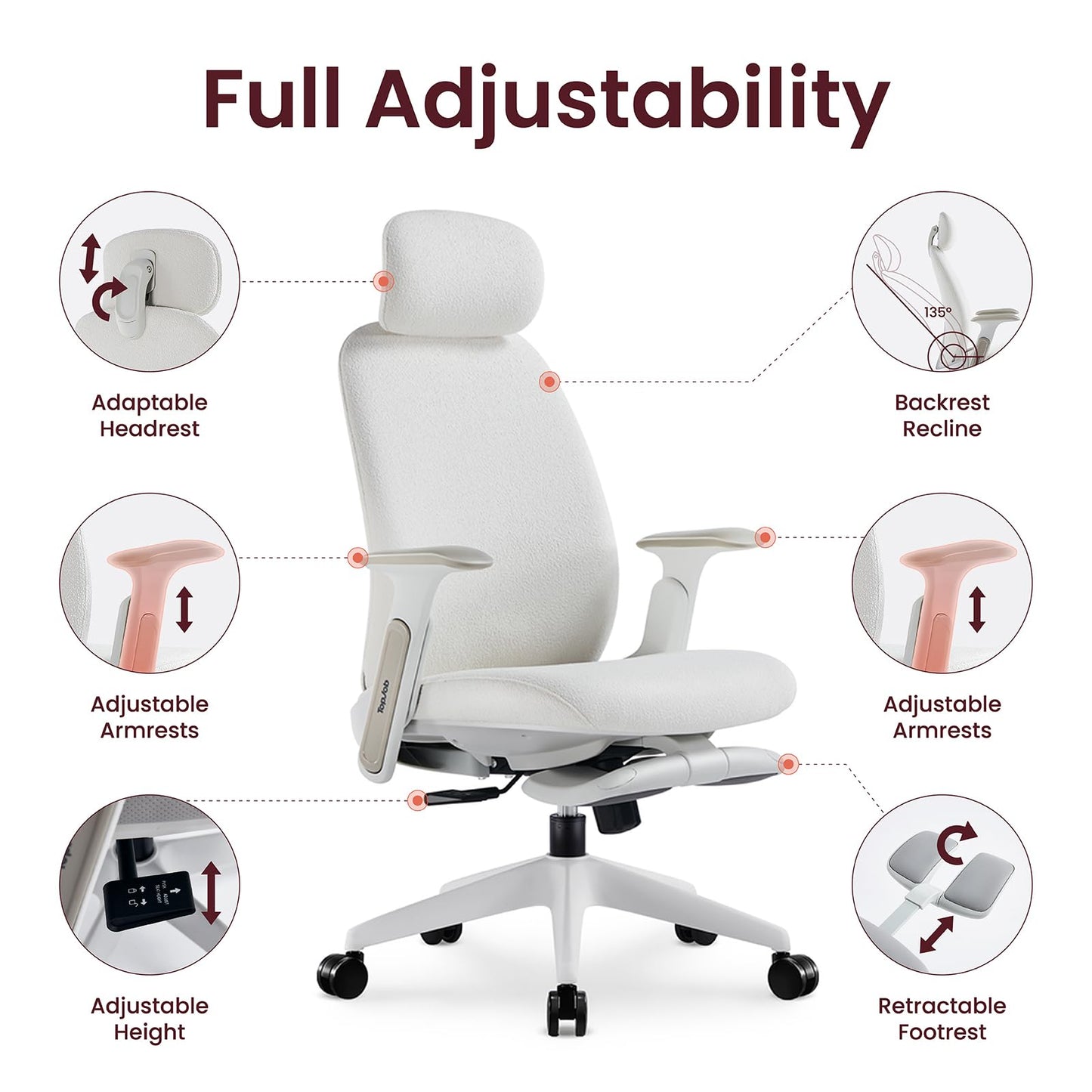 TopJob Designer Office Chair, Napa Bouclé Ergonomic Chair, Ergonomic Home and Office Chiar with Headrest and Footrest, Ergonomic High-Back Bouclé Cream Rolling Work Swivel Chairs (Cream)