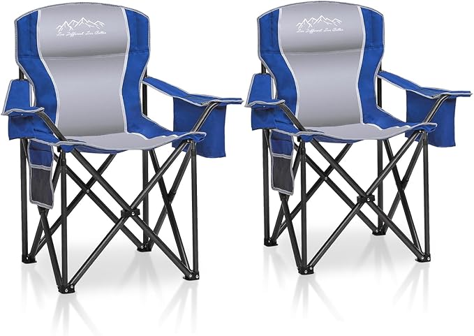 SAILARY 2PCS Folding Camping Chair Portable Outdoor Heavy Duty Padded Chairs Lawn Chair with Cup Holder, Storage Pocket and Cooler Bag, Supports 450LBS Blue