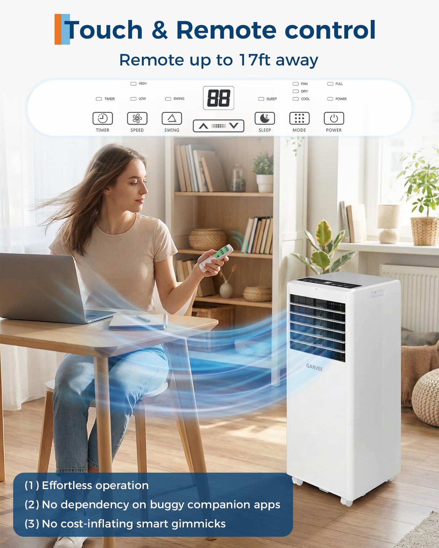 Garvee 8000 BTUs Portable Air Conditioner for 350Sq.Ft Max.Remote Control 48dB Portable AC Unit, Dehumidifier, Fan, Sleep, 24H Timer&Installation Kit, DOE Certified, Ceer 6.2,White White