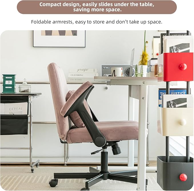 Furnimart Criss Cross Desk Char Wide Seat with Wheels and Arms, 360° Swivel Cross Legged Desk Chair Thick Cushion, Linen Comfy Armless Home Office Chair for Bedroom, Vanity, Sturdy (Light Pink)
