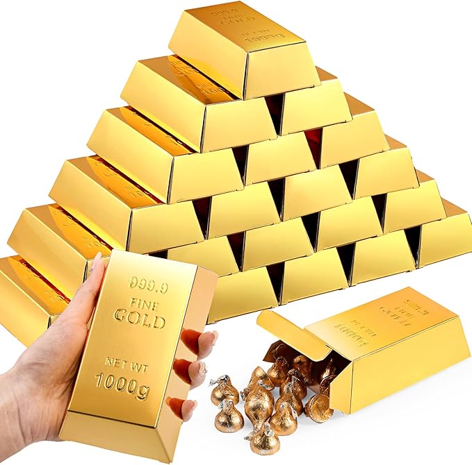 Honoson 24 Pcs Gold Bar Fake Gift Box Foil Gold Bar Party Favor Boxes Paper Golden Favor Boxes Treasure Brick for Pirate C...