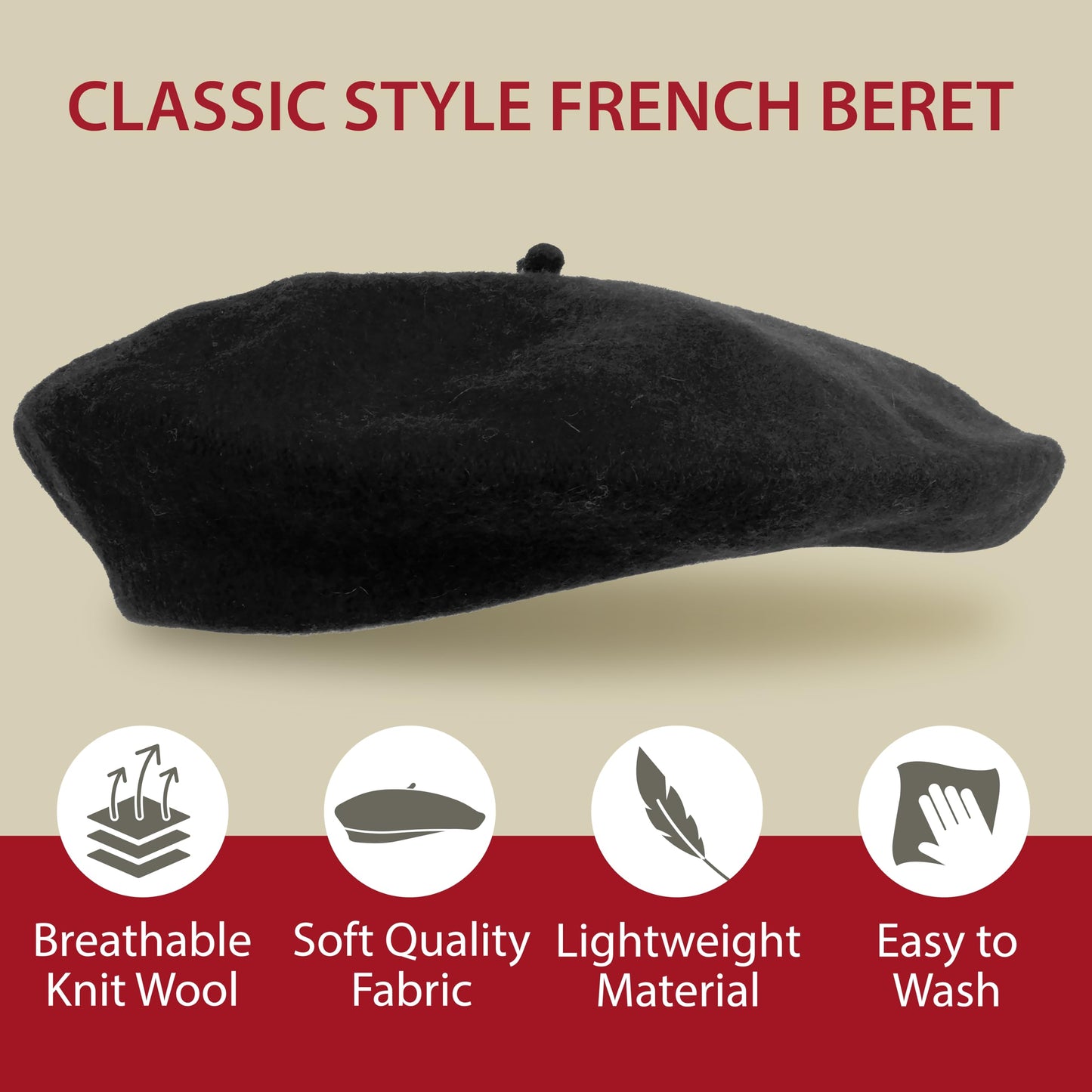 Kangaroo Black Hat- Women's Wool Beret, Parisian Hat, Lightweight Stylish Beret, Classic French Fashion Accessory