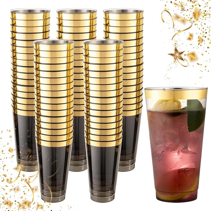 LIYH 100 Pcs Gold Plastic Cups - 16 OZ Clear Black and Gold Rim Plastic Wine Cups Big Size Fancy Disposable Wine Glasses P...