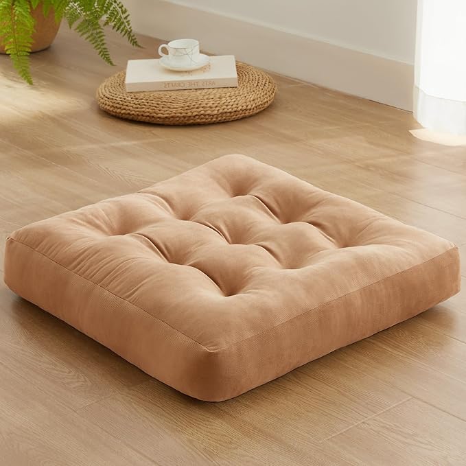 SM-XLHN Meditation Floor Pillow Set of 1, Square Large Pillows Seating for Adults, Meditation Cushion Pillow,Tufted Corduroy Cushion for Tatami Living Room or Yoga, Coffee, 22x22 Inch