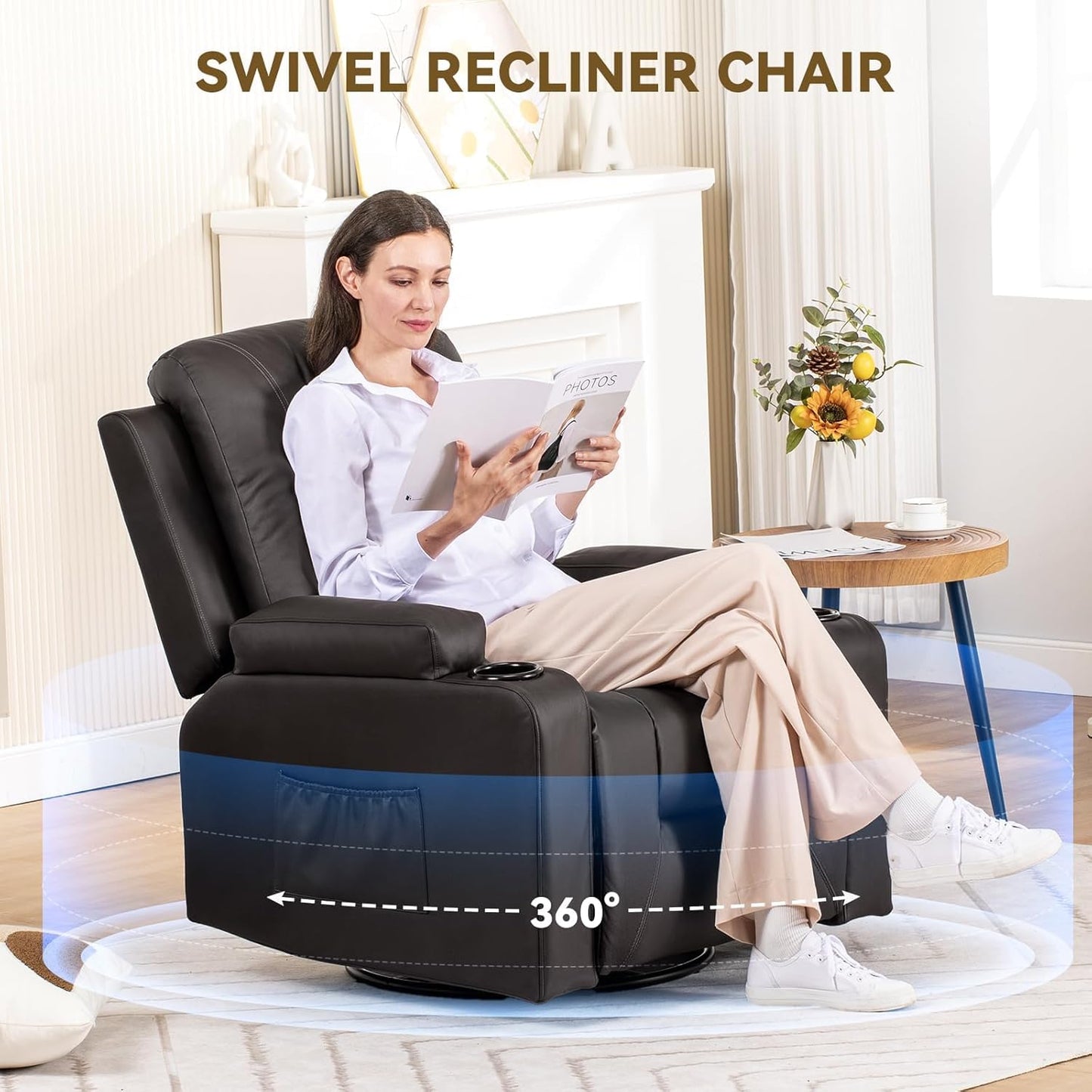 COMHOMA Recliner Chair, Swivel Rocker Recliners, Reclining Sofa with Side Pockets, Cup Holders for Living Room, Bedroom (Brown)