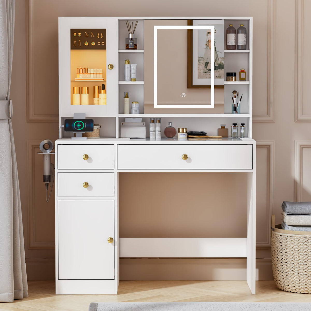 Vanity Desk with LED Lighted Mirror and Jewelry Organizer & Glass Top and Charging Station, Makeup Vanity with 3 Drawers and 2 Storage Cabinets & Hidden Compartment, Dressing Table for Bedroom, White