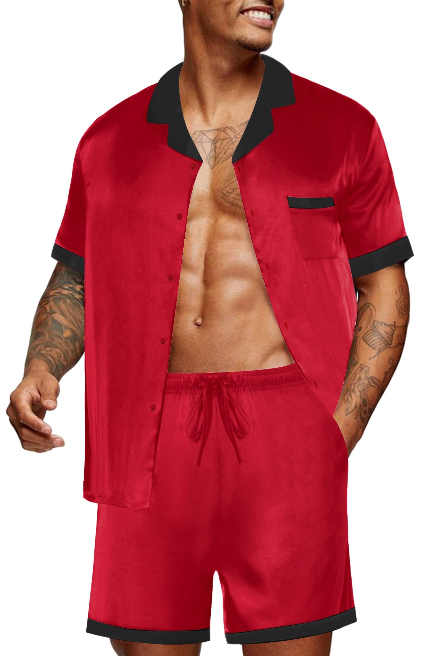 Ekouaer Men Satin Silk Pajamas Set with Pockets Sleepwear Shorts Satin Summer Loungewear 2 Piece Button Down Set S-3XL
