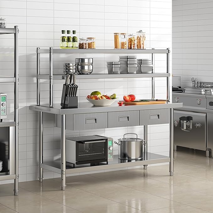 YITAHOME 60" X 24" NSF Stainless Steel Table with Overshelves and 3 Drawers, Work Table with 60" X 12" Shelf & 3 Drawers, Metal Table Prep Table for Commercial Home Kitchen Restaurant Garage Warehouse
