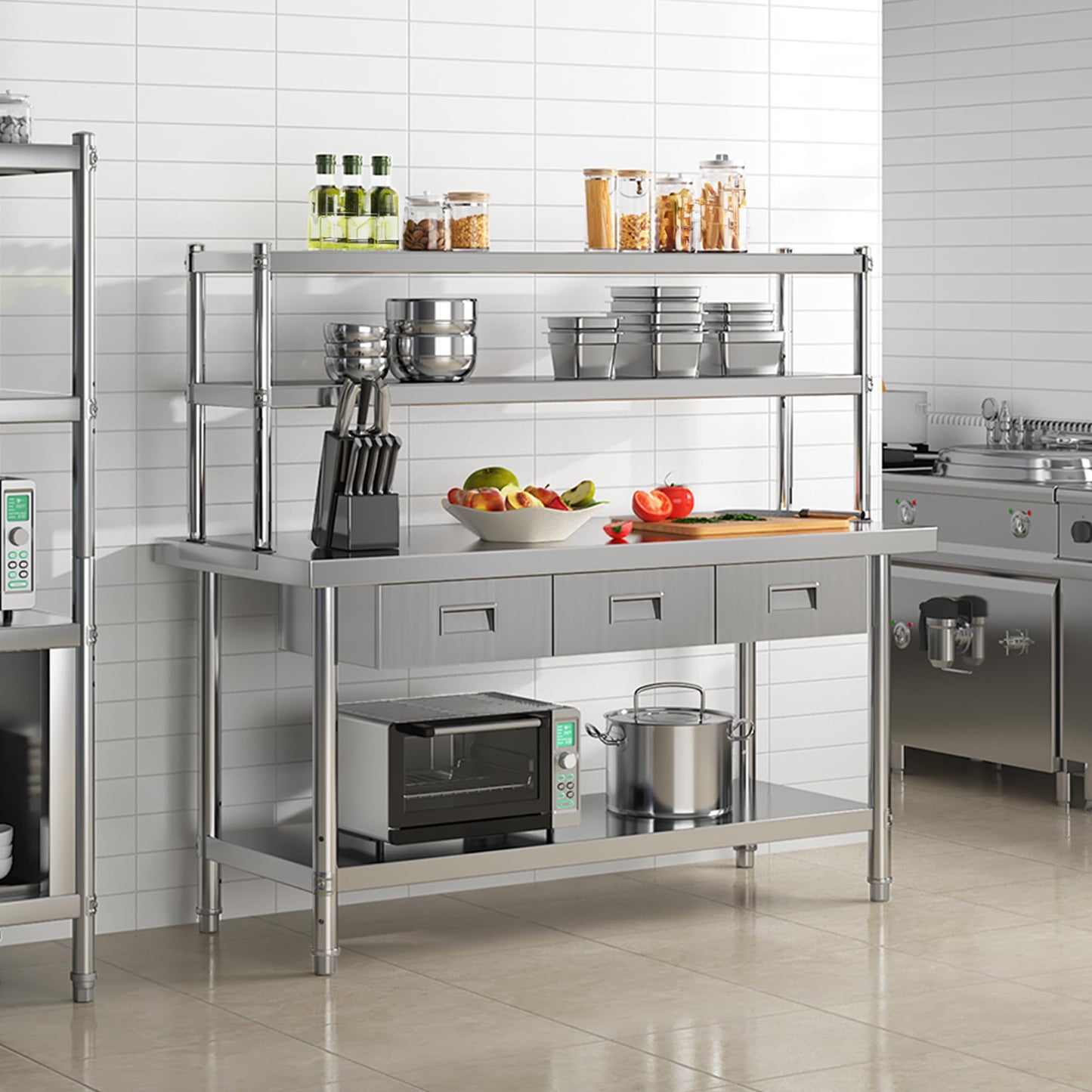 YITAHOME 60" X 24" NSF Stainless Steel Table with Overshelves and 3 Drawers, Work Table with 60" X 12" Shelf & 3 Drawers, Metal Table Prep Table for Commercial Home Kitchen Restaurant Garage Warehouse