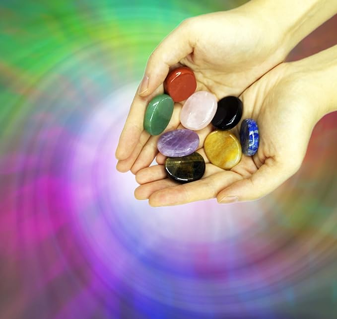 Mina Heal Chakra Stones 8 PCS Kit, Oval Shape, Tumbled & Polished, for Use in Grounding Balancing Soothing Meditation Reiki or as Worry Stones, Hot Spa Rock & Massage