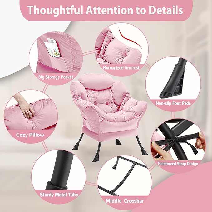 Youtanic Lazy Chair Thick Padded, Comfy Velvet Accent Lounge Chair with Stable Frame, Leisure Sofa Armchair with Armrests and Side Pocket, Reading Chair for Bedroom, Living Room, Office, Pink