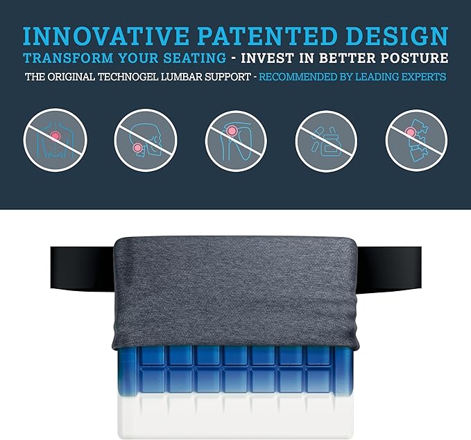 Technogel Lumbar Support Cushion – Cooling Gel Back Cushion for Office Chair, Car, Airplane – Sciatica & Lower Back Pain Relief – Ergonomic Support for Long Sitting, Office Workers, Drivers, Gamers