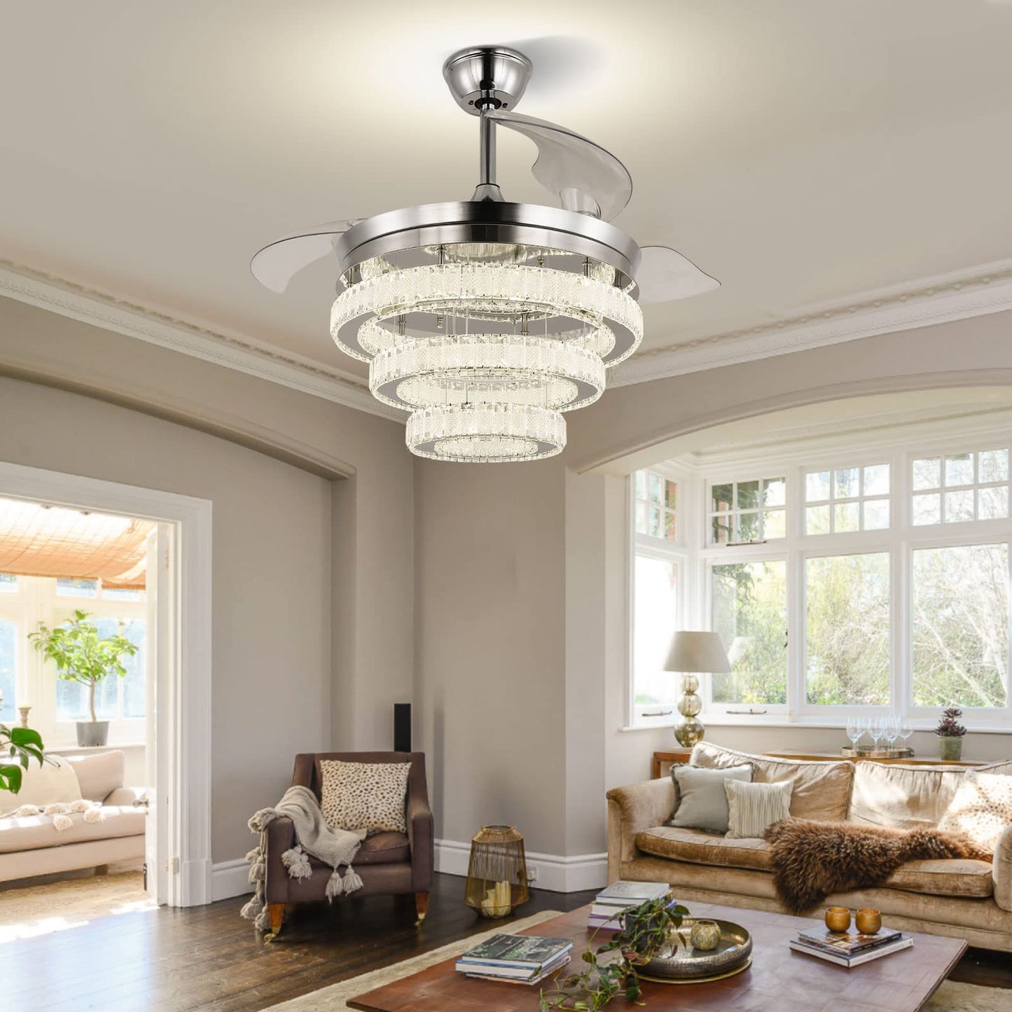 FRIXCHUR 42 Inch Crystal Chandelier Ceiling Fans with Lights Dimmable LED Fandeliers Silver Ceiling Fan with Light and Remote