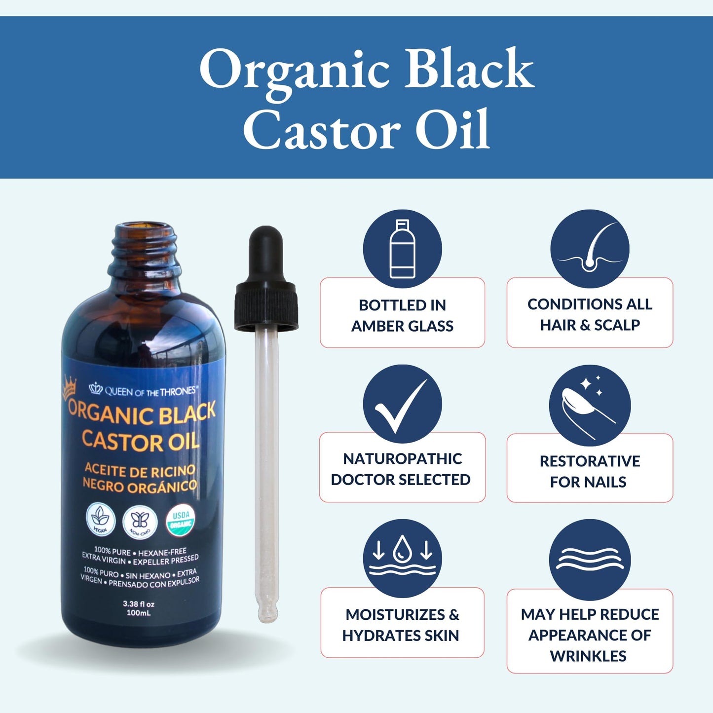 QUEEN OF THE THRONESOrganic Black Castor Oil - 100mL with Dropper| 100% Pure, Certified Organic, Hexane-Free, Extra Virgin | Moi