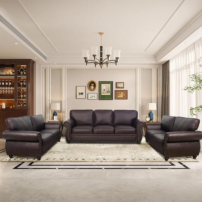 Couchus Living Room Furniture Sets,Sofa Sets and Couch Sets for Living Room,Mid-Century Vintage Sofa Couches with Rivet Design (Brown, 2 Loveseat+3 Seater)