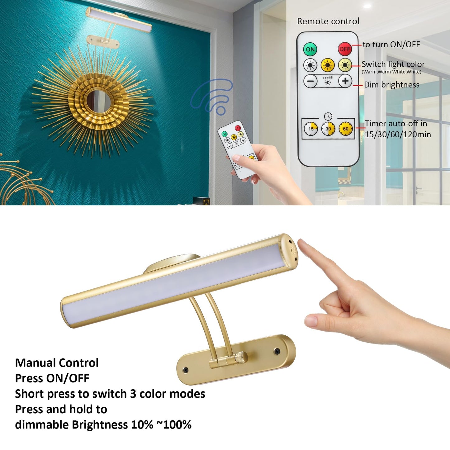 MIOBLUE Rechargeable Picture Light with Remote, Wireless Battery Art Display Light with Remote Control, Dimmable/Timer Off Painting Light, 3 Lighting Modes Full Metal Dartboard Lights (Gold-1Pack)