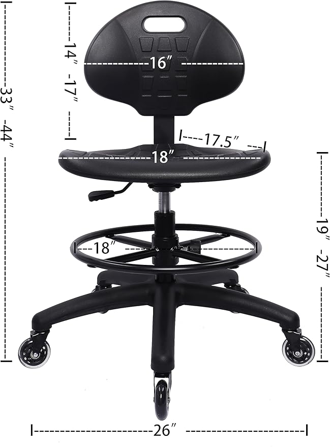 TAKE UR SEAT® Polyurethane Drafting Lab Stool Chair, 18" Adjustable Footring, 8" Adjustable Height, 450 lbs seat Capacity, Heavy Duty, Shipped Within 24 Hours Med. Bench Height (Rubber Caster)