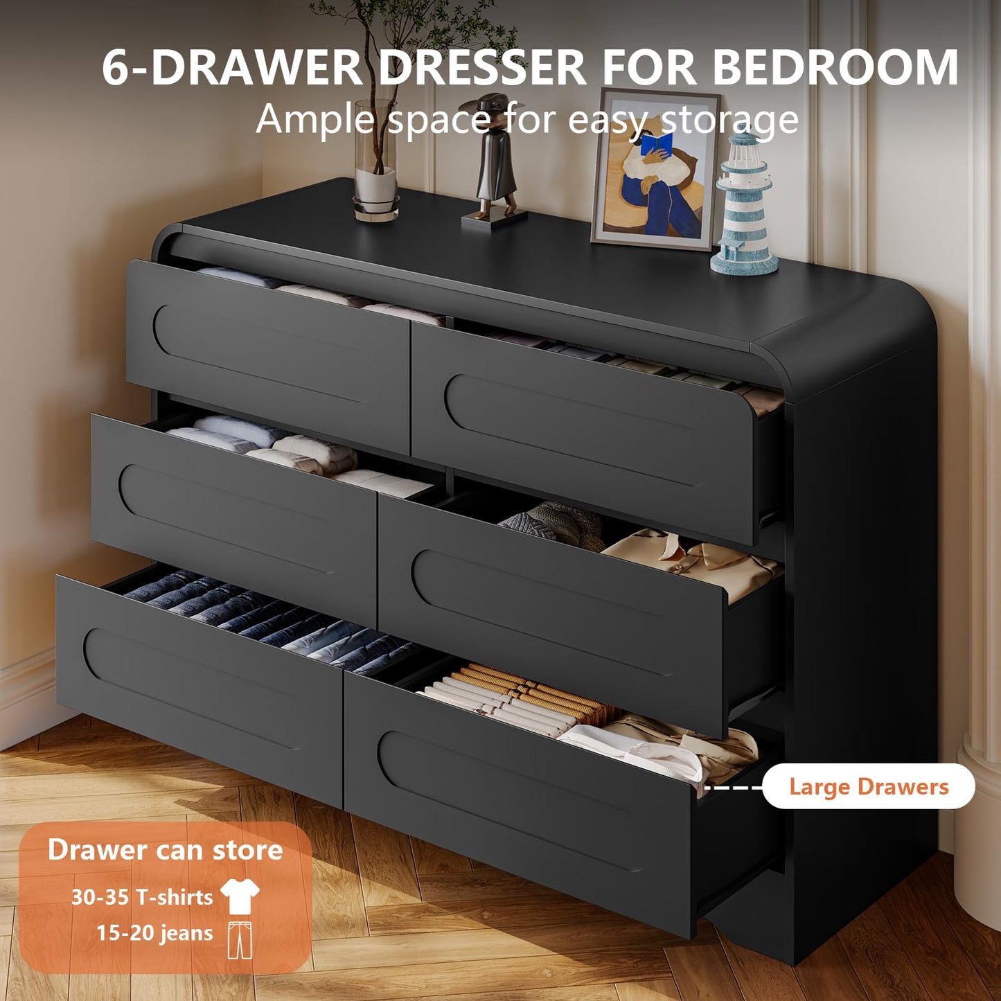 Black Dresser, 47" Wide 6 Drawers Dressers & Chest of Drawers with Pre-installed Slide&Curved Profile Design, Wood Closet Clothes Storage Dressers Organizer for Bedroom Living Room Hallway