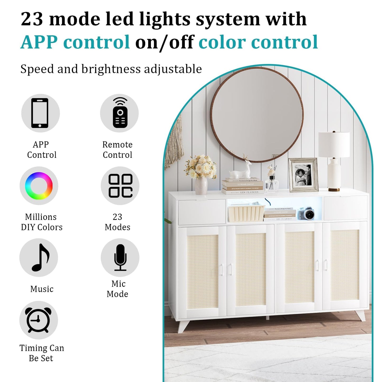 Rattan Sideboard Buffet Cabinet With LED Lights, 2 Drawers 2 Doors Storage Cabinet, Modern Console Table With Power Outlet & Adjustable Shelves, for Dining Room, Kitchen, Living Room