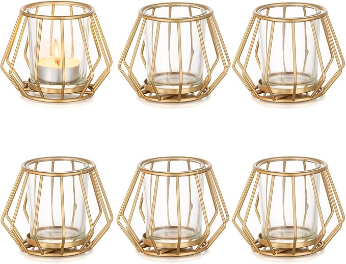 Geometric Tea Light Candle Holders - Wedding Centerpiece for Tables Morden Metal Votive Tealight Candles Stand with Glasse...
