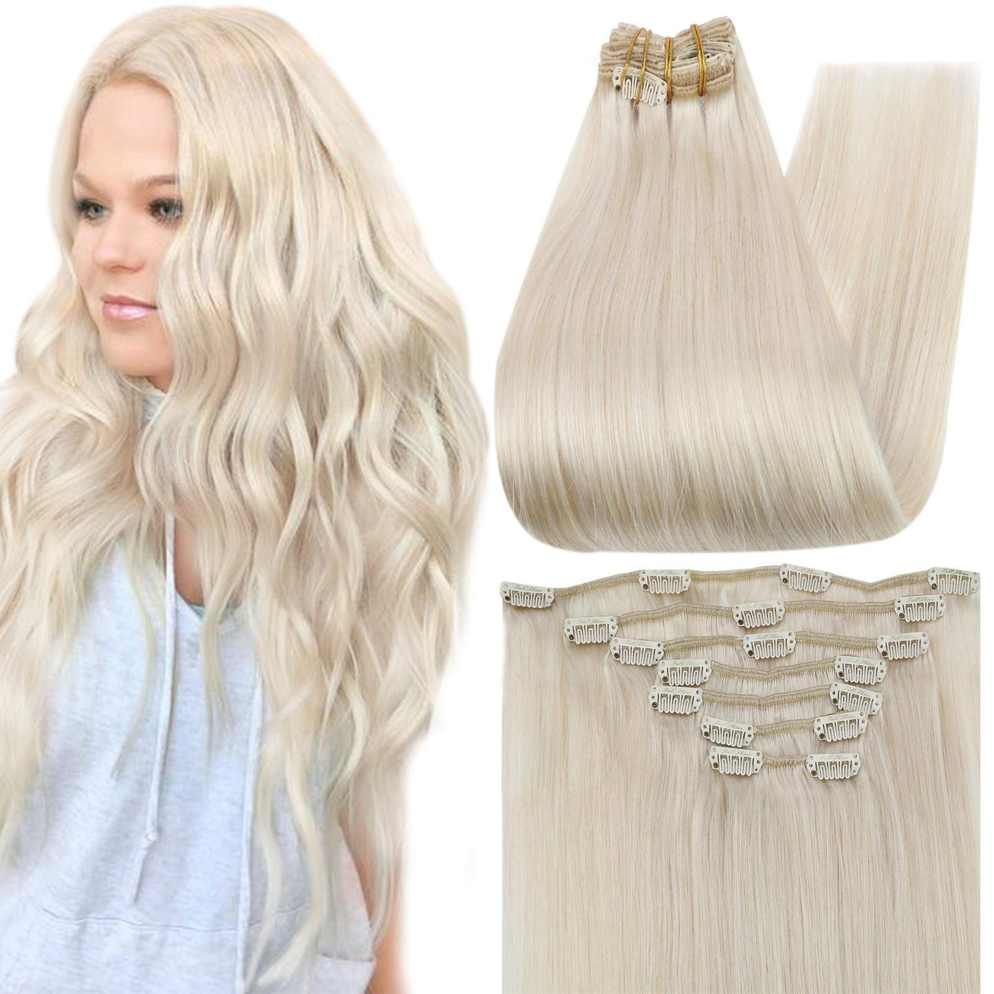 Full Shine Platinum Blonde Hair Extensions Clip ins 14 Inch Blonde Seamless Clip in Hair Extensions Human Hair 7 Pcs 120 G