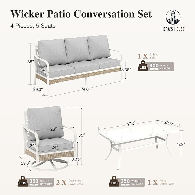 HERA'S HOUSE 4-Piece Patio Furniture Set with Metal & Rattan Design, Includes 2 Swivel, Chairs, 3-Seat Sofa & Marble Coffee Table, All-Weather Outdoor Conversation Set for Garden Backyard, Beige