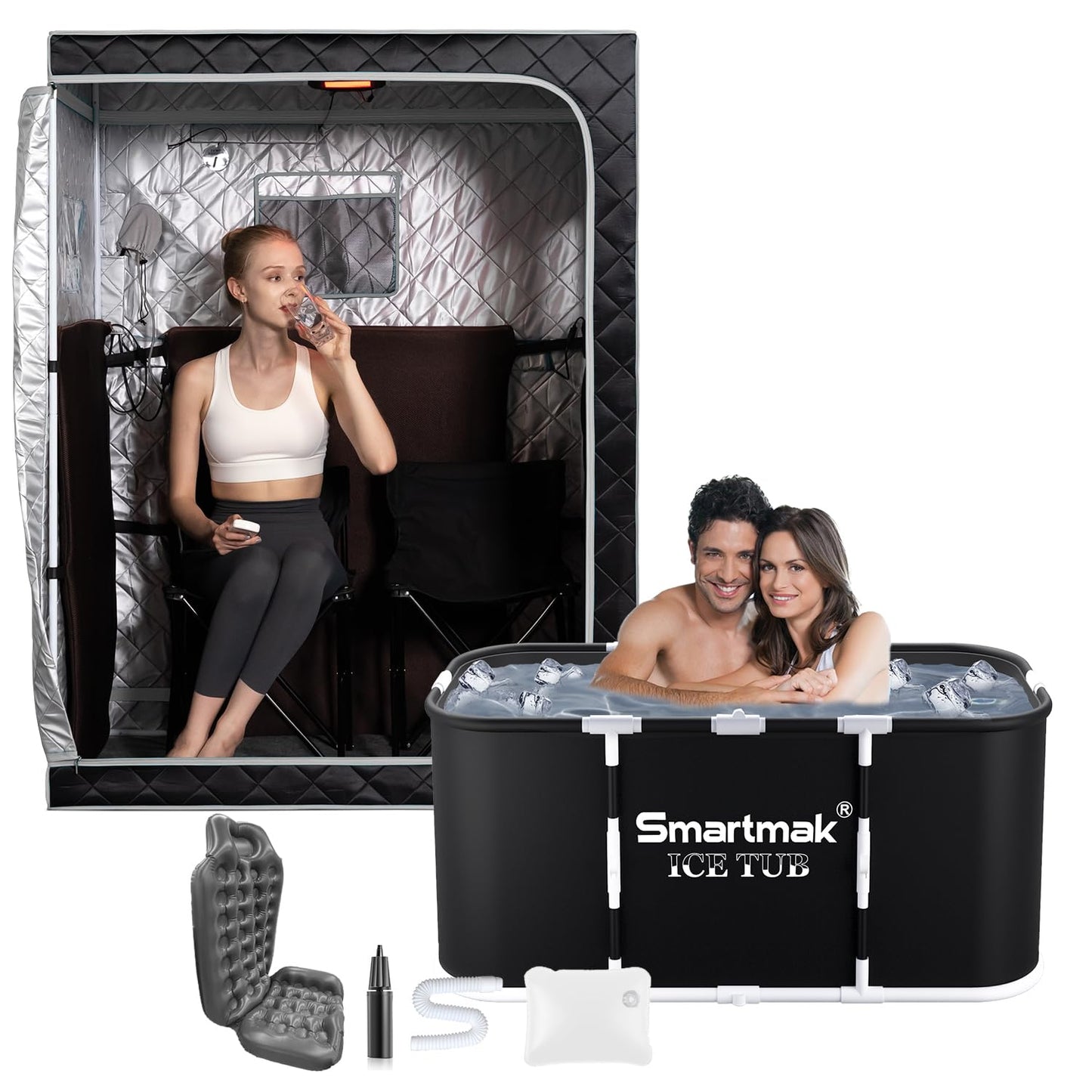 Full Size Two Person Far Infrared Sauna with Ice Bath Tub, Portable Home SPA with Time & Temperature Remote, Chairs, Light, Oversized 2 Person Privacy Saunas, Portable XL Large Cold Plunge Tub