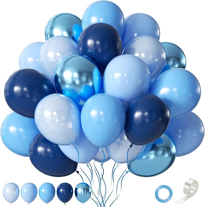 Assorted Blue Balloons Set, 60 pcs Metallic Blue Balloons, Pearl, Navy, Light Blue, Baby Blue Balloon 12 inch Latex Balloo...