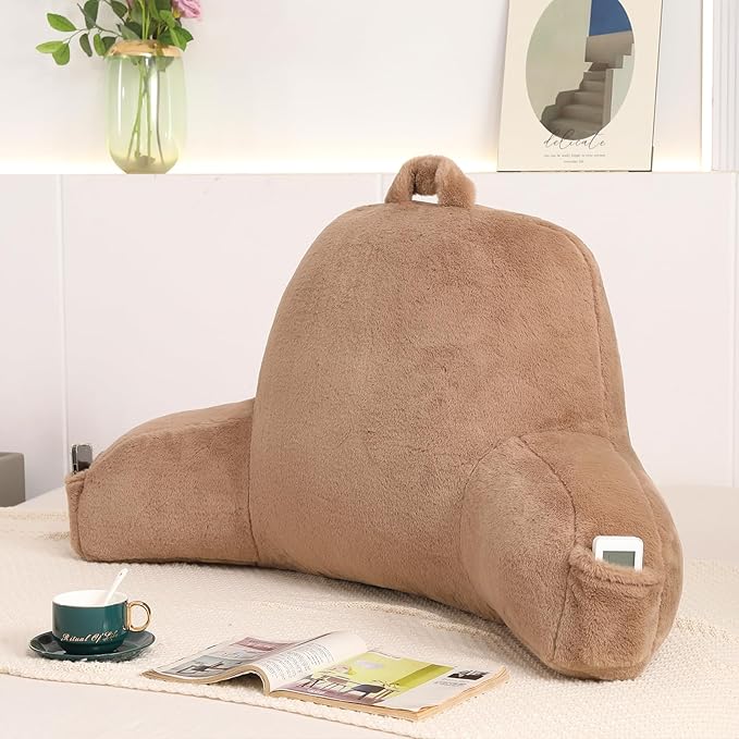 PAJEO Reading Pillow for Sitting in Bed, Large Backrest Reading Pillow with Arm Rest,Back-Rest Support Cushion for Sit Up on Couch, Sofa, and Floor, Dorm Essentials (Khaki Faux Fur, Standard(17"))