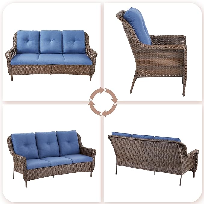 ACTREST Patio Couch Outdoor Wicker Sofa - Heavy Duty All-Weather Brown Rattan 3-Seater with High Back and Comfortable Thick Cushions for Garden Back Porch Poolside Apartment - Navy Blue
